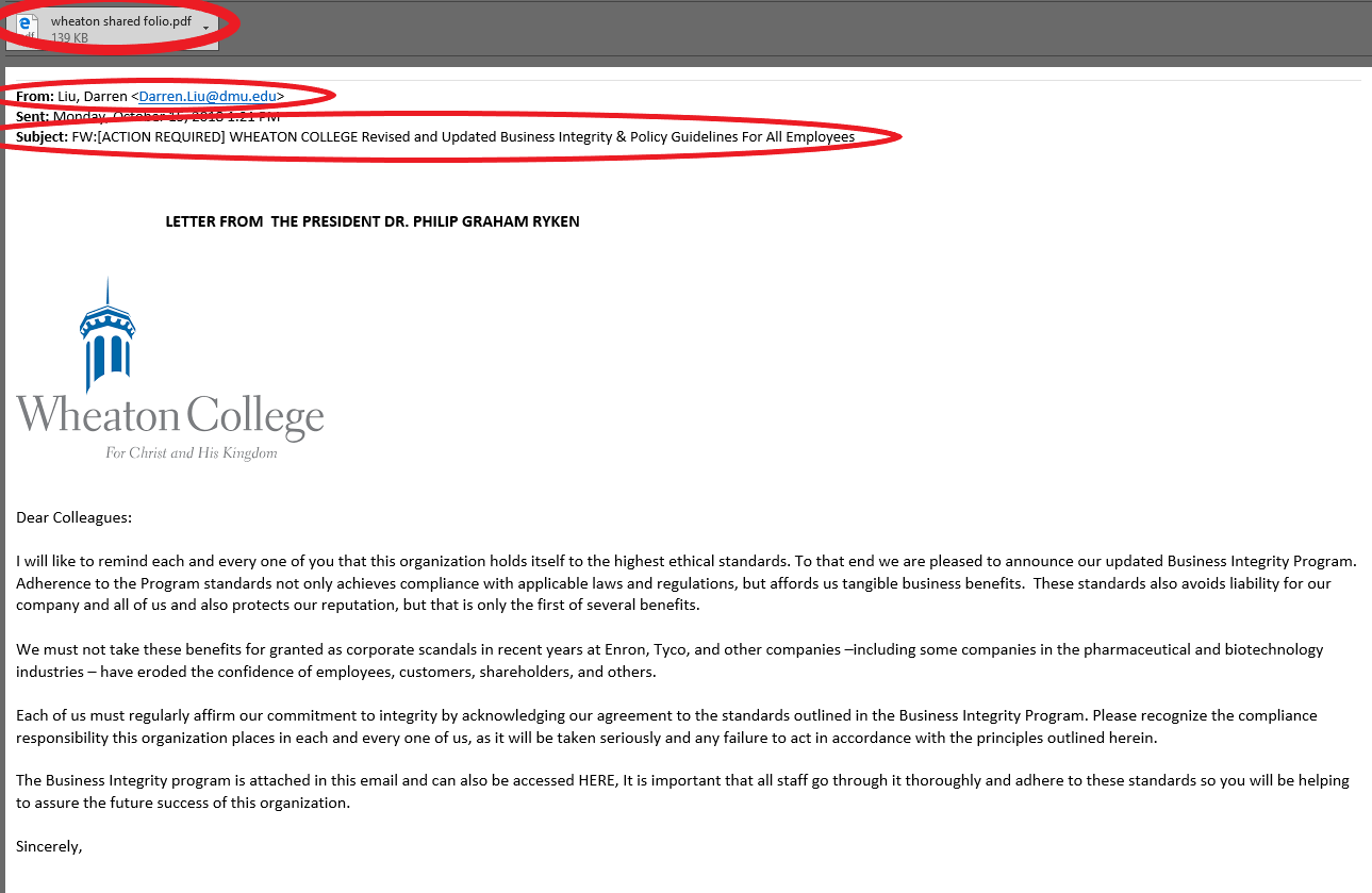 A picture of a nefarious email sent to faculty and staff