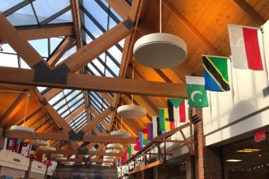 international flags in the Anderson Commons at Wheaton College