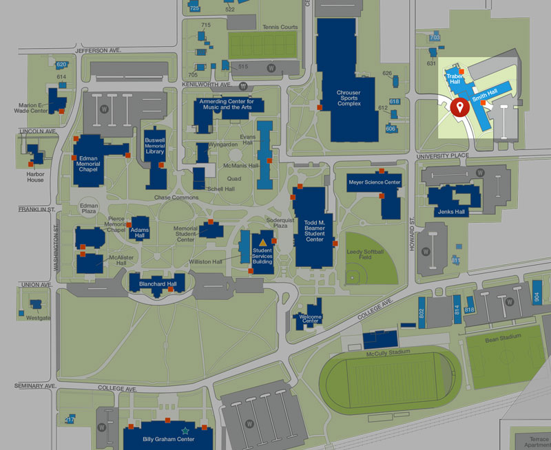 Wheaton College Campus Map Showing Smith Traber Location