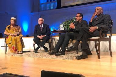 Drs. Perkins, Bentley, and Mouw on stage in Edman Chapel