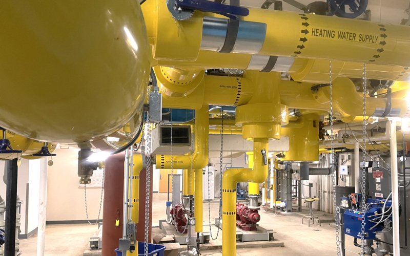 A room filled with yellow pipes of different sizes