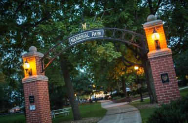 Memorial Park gate, where Shakespeare in the Park is performed